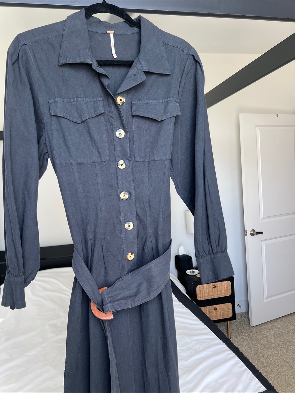 Free People Navy Button-Front Shirtwaist Midi Dress with Belt